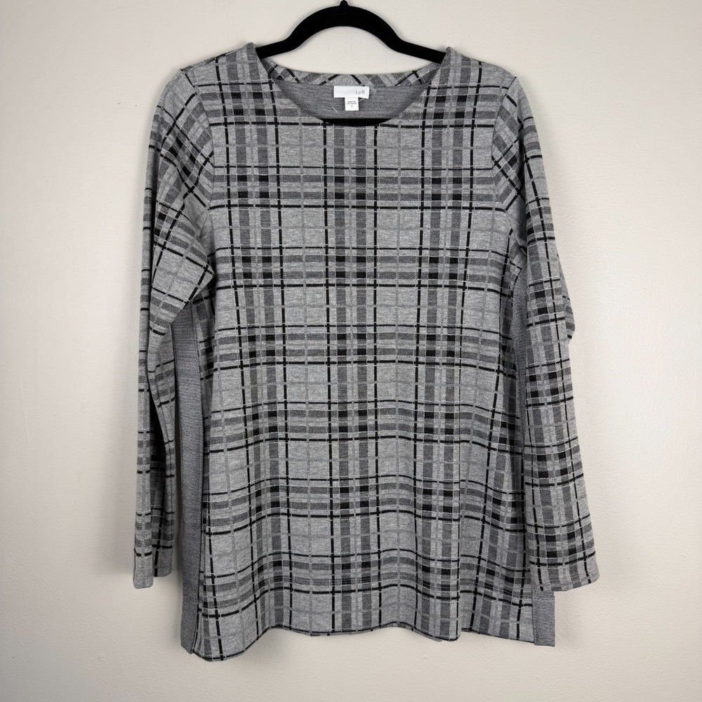J.Jill Sweater Women's Small Gray Check Crew Neck Long‎ Sleeve Stretch Pullover